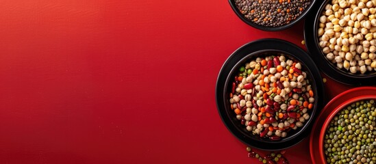 Aufkleber - A high quality photo of round bowls filled with legumes like chickpeas lentils and peas on a red backdrop with a plate featuring a bowl with copy space image