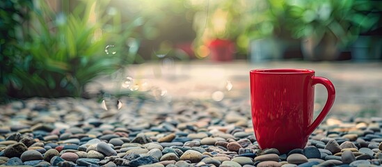 Wall Mural - A red cup filled with coffee sits on a pebbled floor in a garden with a blurred background and empty copy space image available