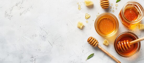 Poster - Mini frame showcasing fresh honey against a white backdrop serves as a winter health booster with a reserved copy space image