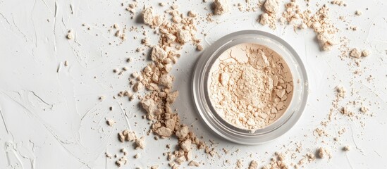 Poster - A mineral loose powder for makeup displayed on a white background with ample copy space in a horizontal layout