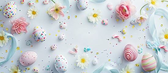 Fototapete - Easter themed background featuring pastel colored eggs flowers candy and ribbons on a white backdrop ideal for adding text or images. Creative banner. Copyspace image