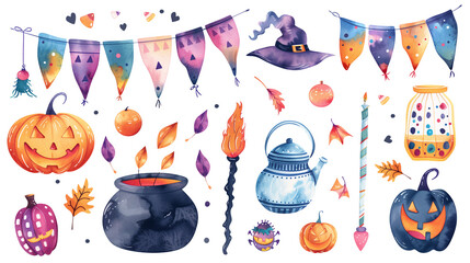 Wall Mural - Set of isolated Halloween decoration elements in cute doodle hand-drawn watercolor illustration style on transparent background, Volume 9: Vivid purple and orange color tone.