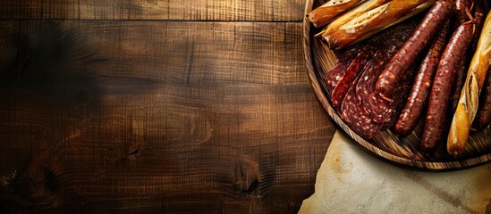 Poster - Wooden table setting with a variety of sausages like salami bresaola and prosciutto on a charcuterie plate accompanied by grissini bread sticks against a menu background with copy space image