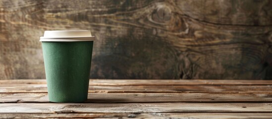Aufkleber - Green paper disposable cup placed on wooden table with ample copy space image