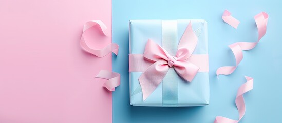 Aufkleber - Top view of a web banner featuring a traditional blue and pink background adorned with a gift box pink bows designed for content with plenty of space for text or images. Creative banner