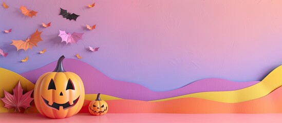 Canvas Print - Festive Halloween greeting on a pastel paper backdrop with a pumpkin offering copy space image