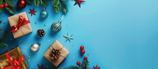 Leinwandbilder - A festive flat lay displays a new year s toy on a blue backdrop with copy space image
