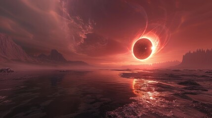 Wall Mural - Solar Eclipse over a Red Landscape