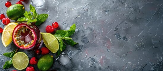 Aufkleber - Copy space image of passion fruit berries summer mojito with lime mint drink on a gray stone table perfect for a bar s alcohol drink menu