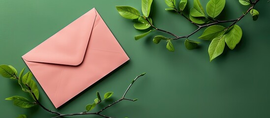 Aufkleber - A light pink envelope rests on a green background with a green twig in a close up shot providing a setting for text in the copy space image