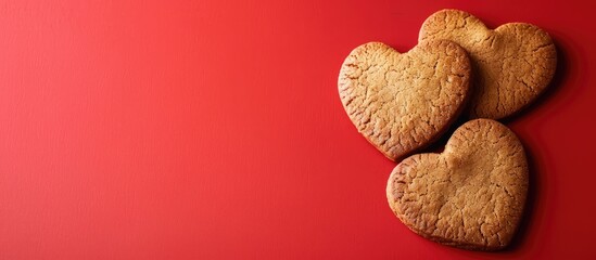 Aufkleber - Top view of heart shaped gingersnap cookies on a red backdrop with space for text or images. Creative banner. Copyspace image