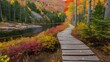 © Free - wooden path winds through a forest, alongside a calm