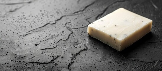 Poster - Place a handmade soap on a black concrete table for hand hygiene showing a care product with a blank area for text in the background. Creative banner. Copyspace image