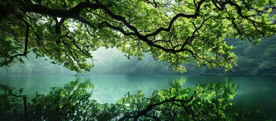 Poster - Luxuriant tree branches with green foliage cascading above the mirrored water below creating a tranquil scene with copy space image