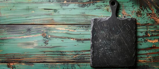 Poster - A view from above showing a black stone cutting board placed on a green wooden tabletop with space for writing or images. Creative banner. Copyspace image