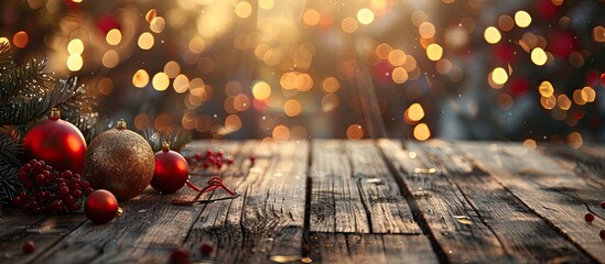 Leinwandbilder - A wooden table adorned with Christmas ornaments set against a blurry bokeh background creating a festive copy space image
