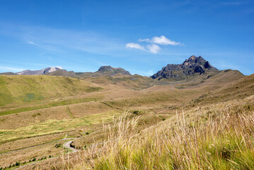 Beautiful view of the Pichincha mountain and volcano, which is almost 4800 Mts high in the Andes. On a bright sunny morning with clear blue skies. Quito, Ecuador.