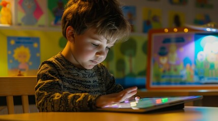 Aufkleber - A boy focused on a tablet, illuminated by its glow, sits at a wooden table in a warm, colorful classroom.