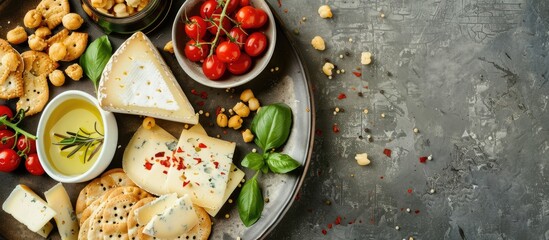 Aufkleber - Rustic style aged cheese with snacks on a plate Includes a free copy space image