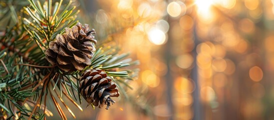Fototapete - Selective focus on a pine branch with cones set against a blurred tree forest background creating a Christmas themed copy space image