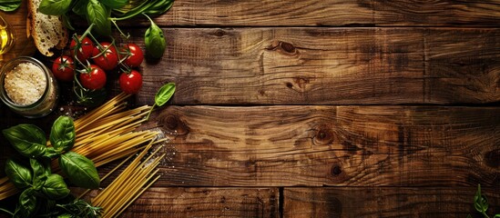 Poster - Wooden textured backdrop with Italian food ingredients displayed ideal for relaxing copy space image