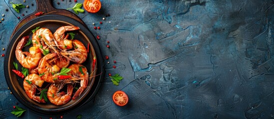 Aufkleber - A rustic top view background with copy space featuring a delicious meal of spicy fried shrimp prawns showcasing fresh seafood as a delectable snack on the table