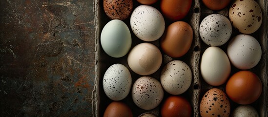 Aufkleber - Eggs from chickens and quails are arranged in a box against a dark backdrop providing a clear copy space image
