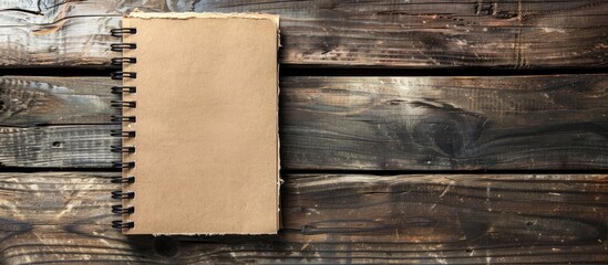 Poster - Vertical spiral sketchbook on wood background for various purposes with blank copy space image