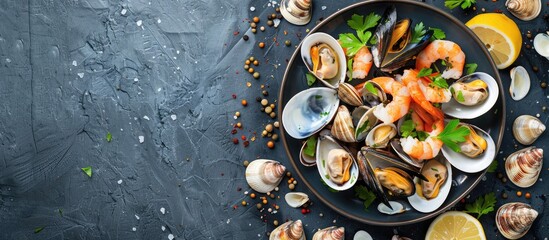 Poster - Image of raw mussels and clams on a plate captured from a top view with a flat lay perspective showing copy space and a horizontal orientation with no people in the shot