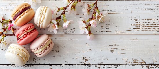 Aufkleber - Various macaroons set against a light wooden backdrop with cherry branches providing a charming and colorful copy space image