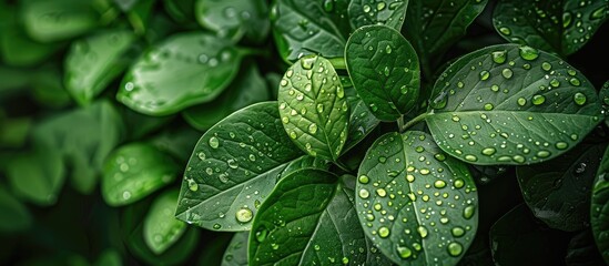 Aufkleber - Lush green leaf with rain droplets creating a natural backdrop with copy space image Suitable for banners showcasing beautiful foliage
