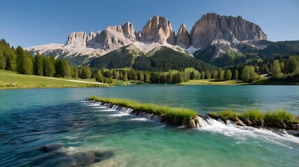 Wall Mural - clear blue river flows through a lush green meadow with tall