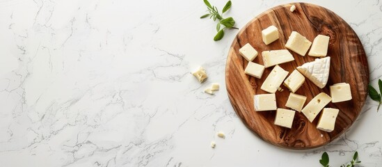 Aufkleber - Wooden plate with homemade French cheese on a light background suitable for copy space image