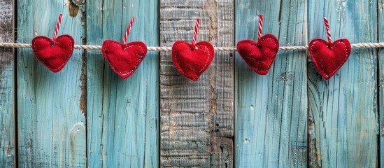 Aufkleber - Red hearts displayed on a clothesline against an aged wooden backdrop with copy space image