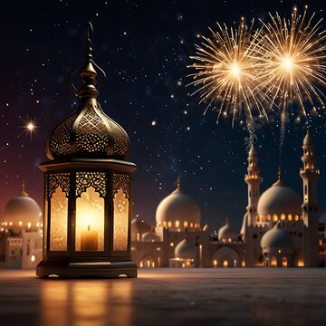 Ramadan Kareem Eid Mubarak Royal Elegant Lamp with Mosque Holy Gate with fireworks