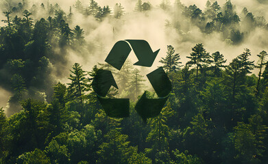 Wall Mural - Recycling sign on the background of a green forest with tall large trees, sunlight.