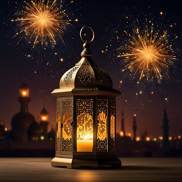 Ramadan Kareem Eid Mubarak Royal Elegant Lamp with Mosque Holy Gate with fireworks