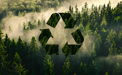 Wall Mural - Recycling sign on the background of a green forest with tall large trees, sunlight.