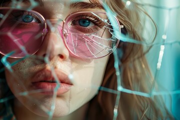 Wall Mural - A woman with pink sunglasses and a blue eye. The sunglasses are broken and the woman's face is partially visible