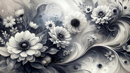 Wall Mural - Monochrome Floral Symphony: A Watercolor Journey of Black and White Flowers  AI generated