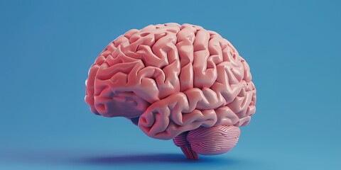 Poster - A pink brain is shown on a blue background. The brain is the main focus of the image, and it is a close-up of the brain