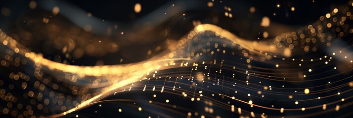 Fototapete - A gold and black wave with a lot of sparkles. The sparkles are scattered all over the wave, giving it a dreamy and ethereal feel