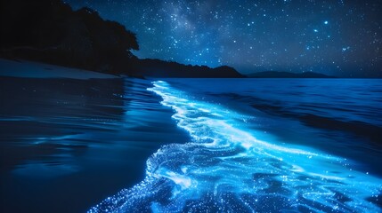 Poster - Bioluminescent Bay at Night with Glowing Plankton Illuminating the Magical Marine Landscape