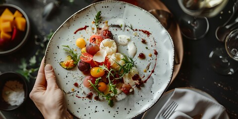 Wall Mural - A person is holding a plate of food with a variety of fruits and vegetables on it. The plate is placed on a dining table with other items such as wine glasses, cups, and bowls