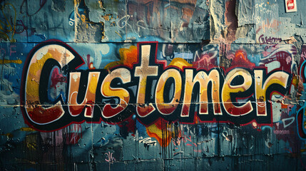 Poster - Colorful graffiti art showing the word customer painted on a decaying urban wall