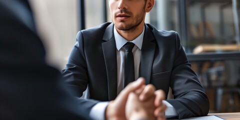 Wall Mural - Two men in suits are shaking hands. One of them is wearing a tie. The scene is set in a business environment