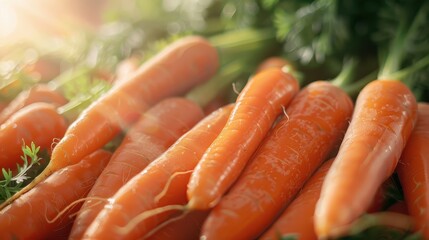 Wall Mural - A bunch of carrots are displayed on a table with green leaves. The carrots are all different sizes and are arranged in a way that makes them look fresh and appetizing