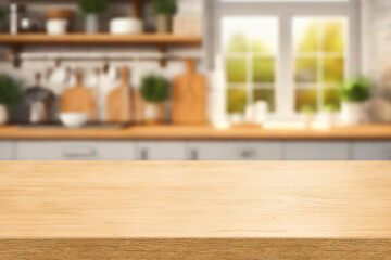 Kitchen wood table top for product display with blurred modern interior. Wooden tabletop over defocused kitchen background. kitchen furniture and desk space. product promotion in the kitchen