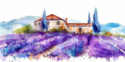 Wall Mural - A house with a white roof and a blue chimney sits in front of a field of purple flowers