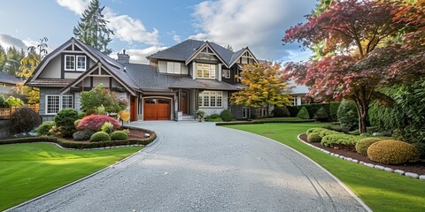 Canvas Print - A large house with a driveway and a tree in the background. The house is surrounded by a lush green lawn and a garden